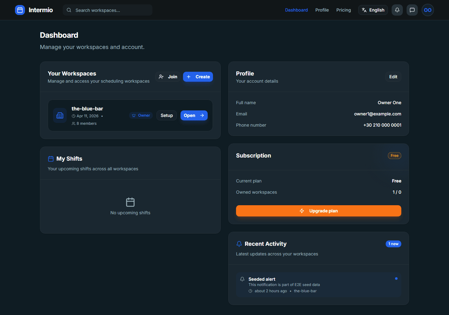 Intermio dashboard showing workspace cards.