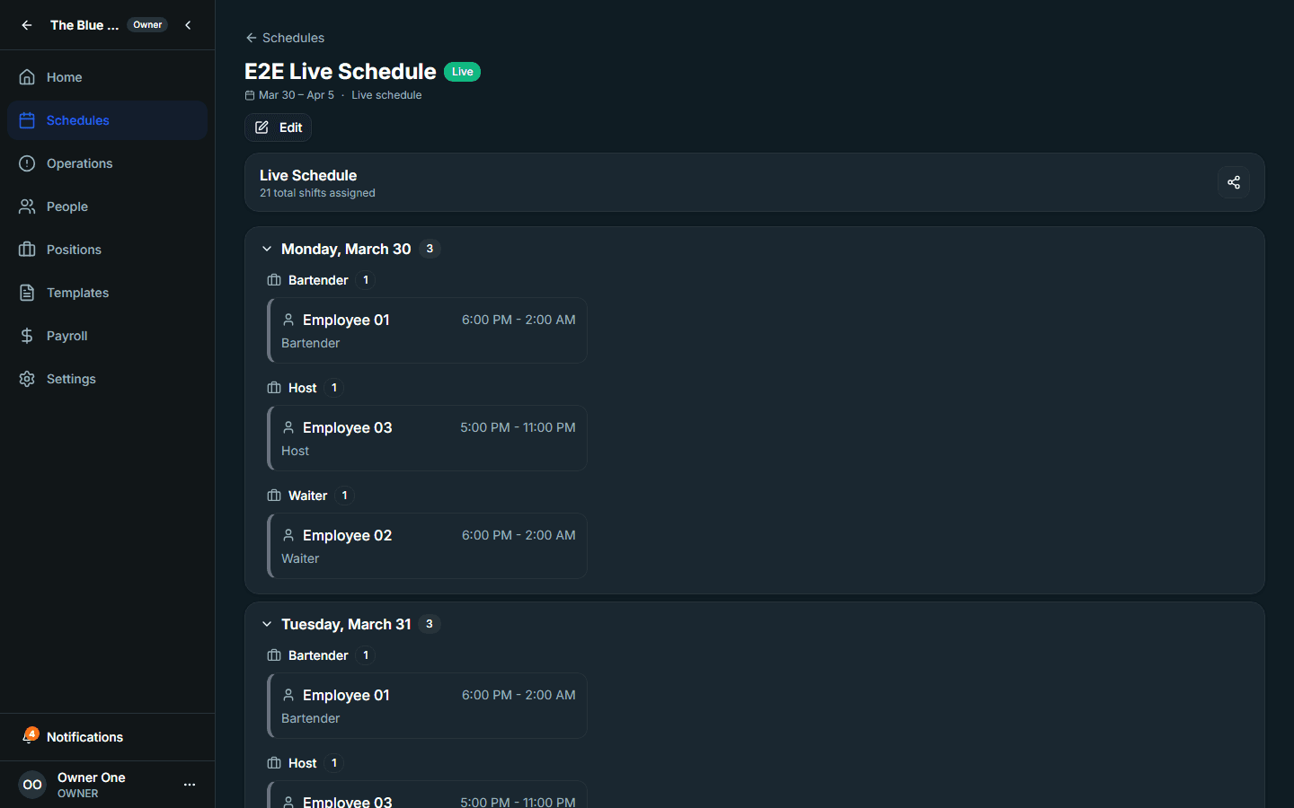 Manager schedule review page before live publication.