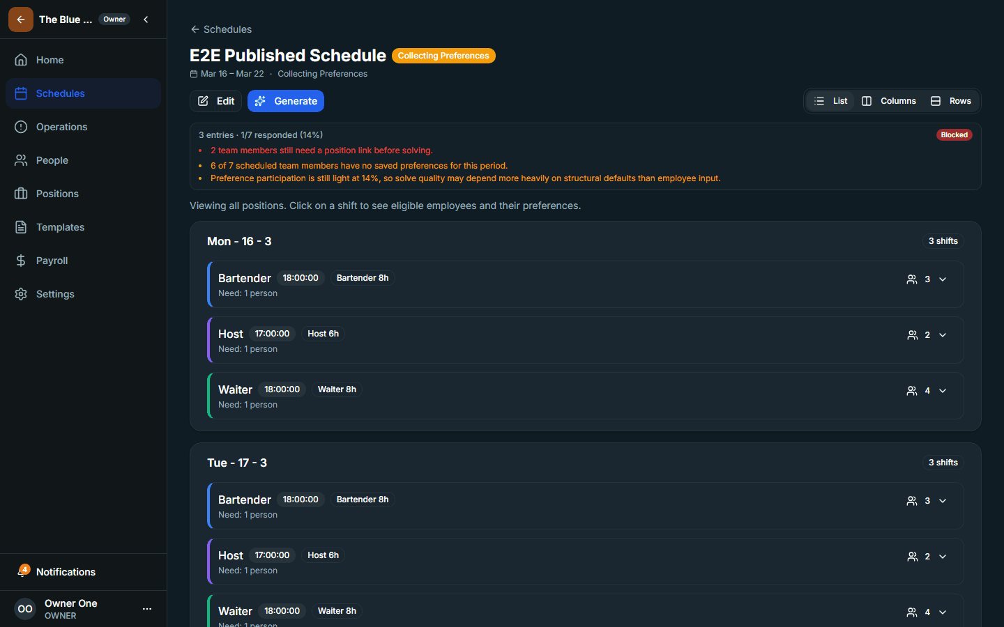 Schedule detail page showing preference collection status.